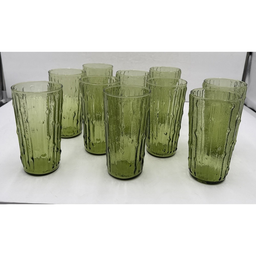 Set of 2 Vintage MCM Bamboo Avocado Green Glass Tumblers